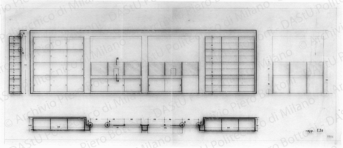 Parete attrezzata, pianta, sezione e prospetti, scala 1:20, prot. 3344, s.d. China su lucido, cm 37,2x88,5. 