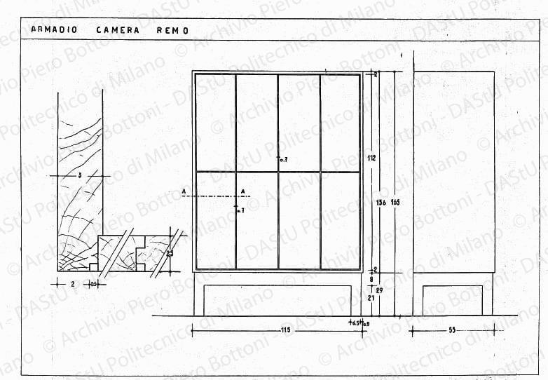 Armadio camera Remo, pianta, vista frontale e laterale e particolare, scala 1:1, 1:10, s.d. China su lucido, cm 24,8x39,4. 