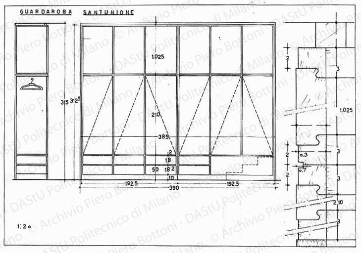 Guardaroba Sant'Unione, sezioni e particolare, scala 1:1, 1:20, s.d. China su lucido, cm 28,5x39,0. 