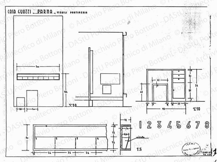 Casa Guazzi, Parma, mobili portineria, scala 1:5, 1:10, 1:20, 4 ottobre 1937. China su lucido, cm 35,0x48,0. 