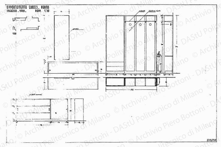 Appartamento Guazzi, Parma, ingresso, mobili vari, scala 1:10, 1:50, 12 novembre 1937. China e  matita su lucido, cm 48,8x75,5. 