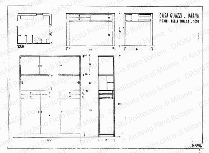 Casa Guazzi, Parma, pianta e mobili della cucina, scala 1:10, 1:50, 16 dicembre 1937. China e matita su lucido, cm 31,5x51,5. 