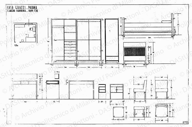 Casa Guazzi, Parma, camera bambina, pianta e mobili, scala 1:10, 1:50, 30 dicembre 1937. China e matita su lucido, cm 52,5x76,5. 