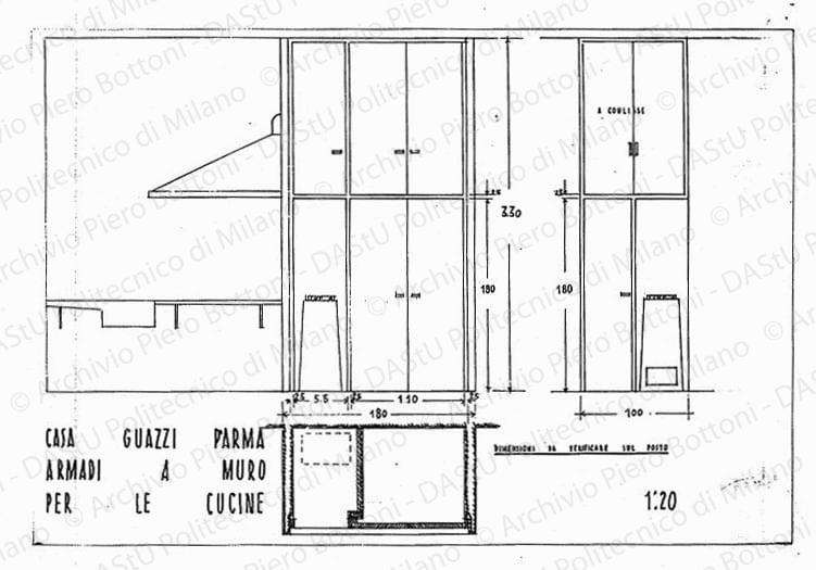 Casa Guazzi, Parma, armadi a muro per le cucine, scala 1:20, s.d. China e matita su lucido, cm 26,5x39,0. 