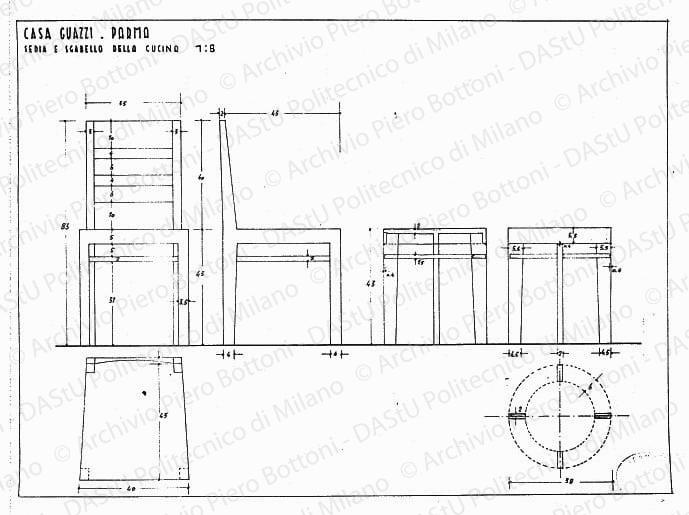 Casa Guazzi, Parma, sedia e sgabello della cucina, scala 1:5, s.d. China e matita su lucido, cm 38,2x51,5. 