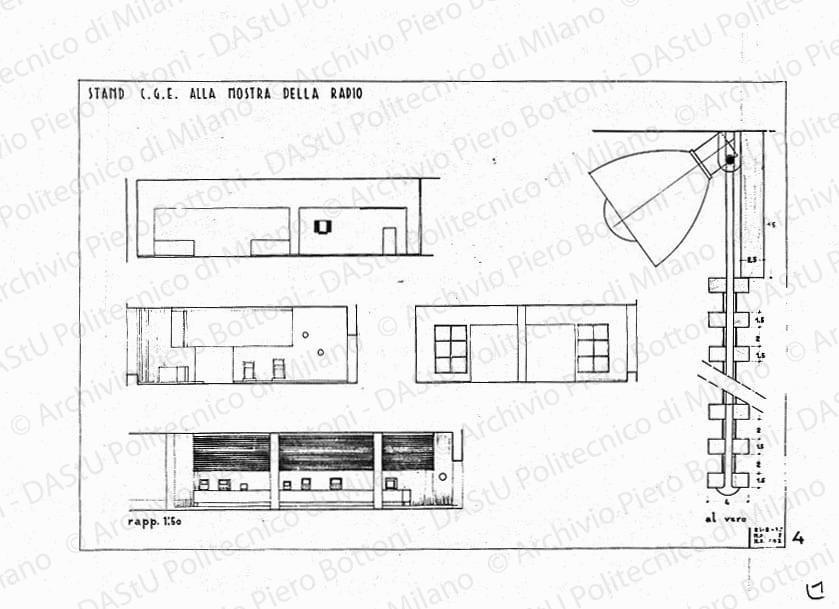 Stand C.G.E. alla Mostra della radio, prospetti e particolare, scala 1:1, 1:50, 26 agosto 1937. China e matita su lucido, cm 48,7x73,8. 