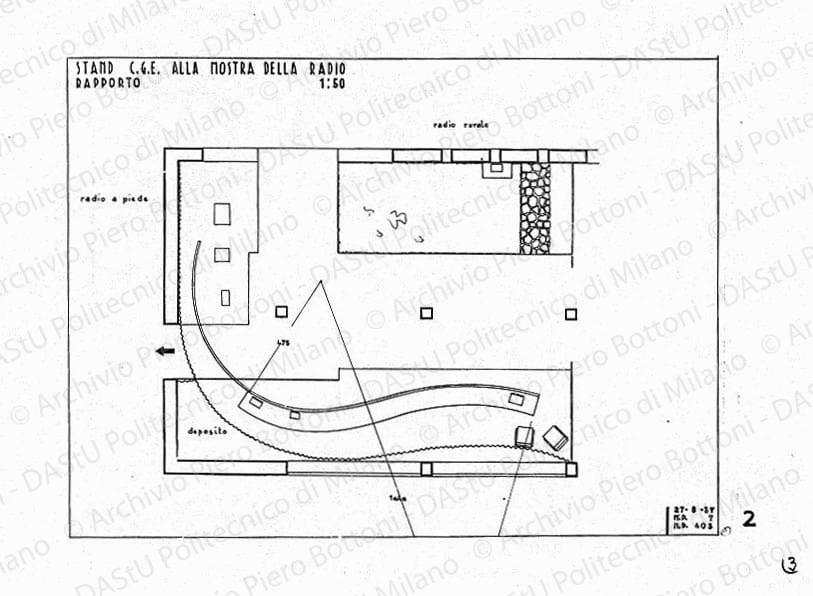 Stand C.G.E. alla Mostra della radio, pianta, scala 1:50, 27 agosto 1937. China su lucido, cm 36,7x49,7. 