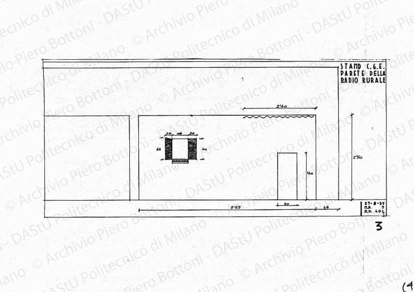 Stand C.G.E., parete della radio Rurale, prospetto, scala 1:20, 27 agosto 1937. China su lucido, cm 23,6x51,4. 
