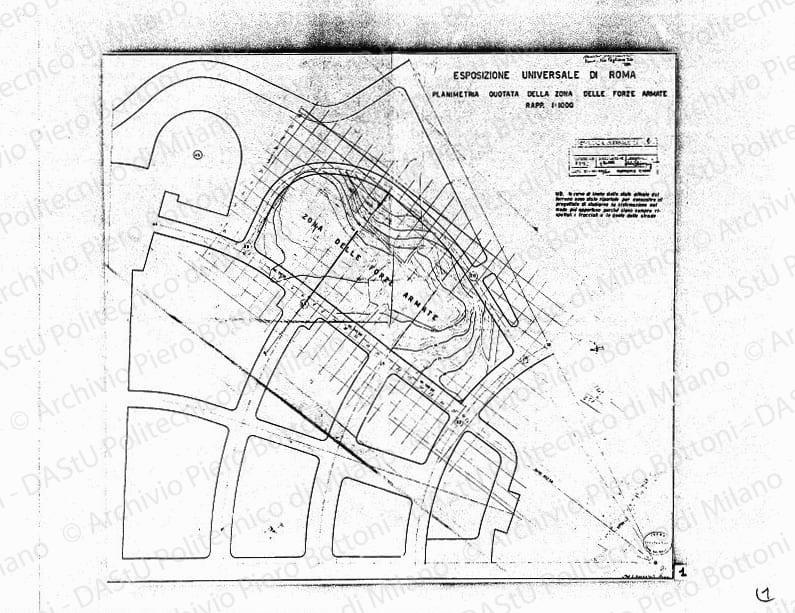 Reticolo dimensionale dell'area su: Esposizione universale di Roma, planimetria quotata della zona delle Forze Armate, scala 1:1000, 21 ottobre 1937. Matita e matita viola su eliografia su carta, cm 77,2x83,0. 