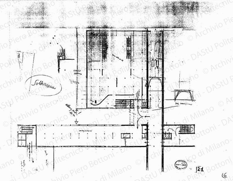 Edificio della Marina, pianta sotterranei, scala 1:100, s.d. Matita su lucido, cm 53,3x63,2. 