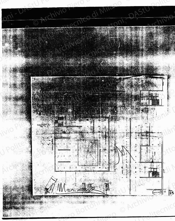 Edificio della Marina, pianta salone al centro, scala 1:200, s.d. Matita su lucido, cm 63,0x68,5. 