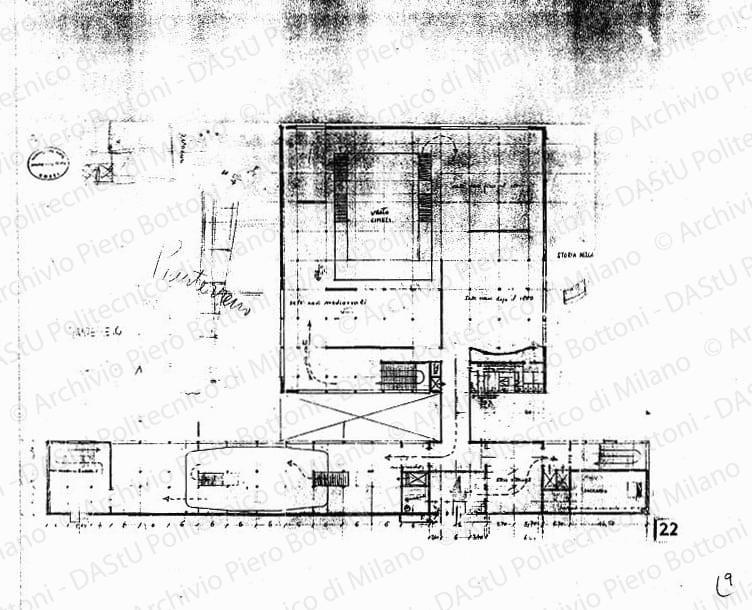 Edificio della Marina, pianta 1 piano, scala 1:200, s.d. Matita su lucido, cm 52,2x45,0. 