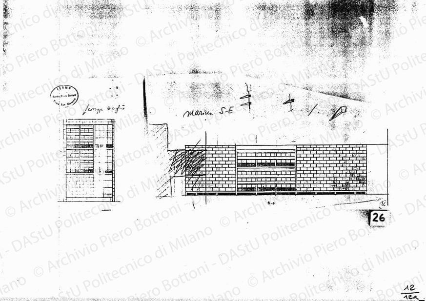 Edificio della Marina, studio del fronte S-E, scala 1:200, s.d. Matita su lucido, cm 20,5x37,0. 