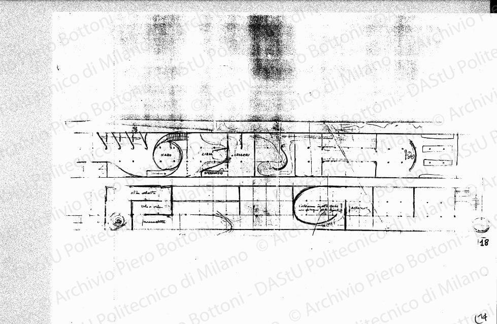 Edificio dell'Aeronautica, studio di pianta, scala 1:200, s.d. Matita su lucido, cm 25,0x96,0. 