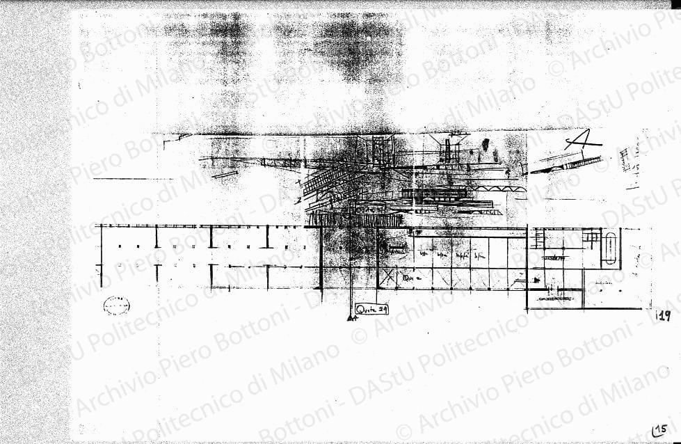 Edificio dell'Aeronautica, studio di pianta e schizzi, scala 1:200, s.d. Matita su lucido, cm 30,5x91,0. 