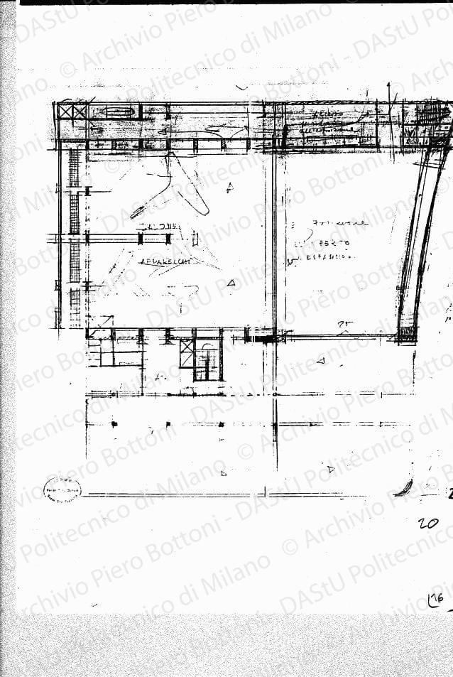 Edificio dell'Aeronautica, studio della pianta del salone apparecchi, scala 1:200, s.d. Matita su lucido, cm 48,0x46,0. 