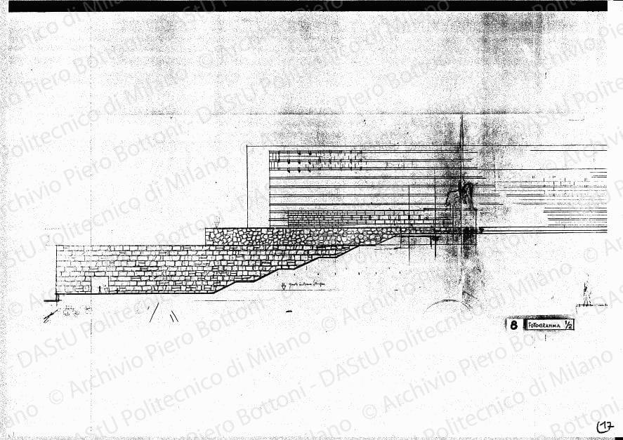 Edificio dell'Aeronautica, studio del fronte sud-est, scala 1:200, s.d. Matita su lucido, cm 29,0x122,0. 