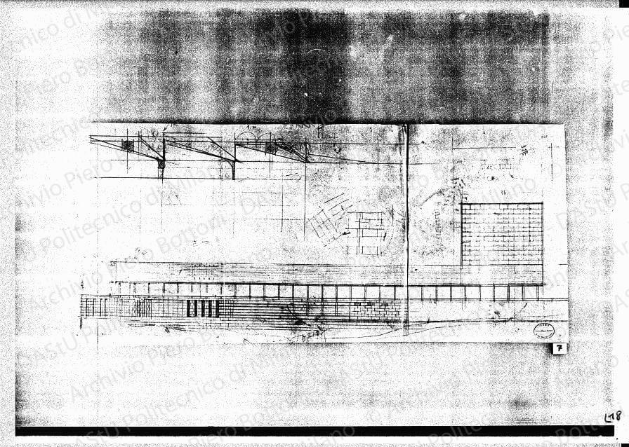 Edificio dell'Esercito, studio del fronte sud-est e sezione copertura, scala 1:20, 1:200, s.d. Matita su lucido, cm 45,0x102,0. 