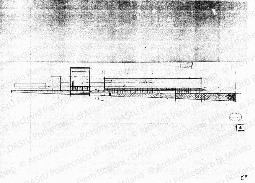 Studio del fronte dell'intero complesso visto da ovest, scala 1:500, s.d. Matita su lucido, cm 21,0x85,0. 