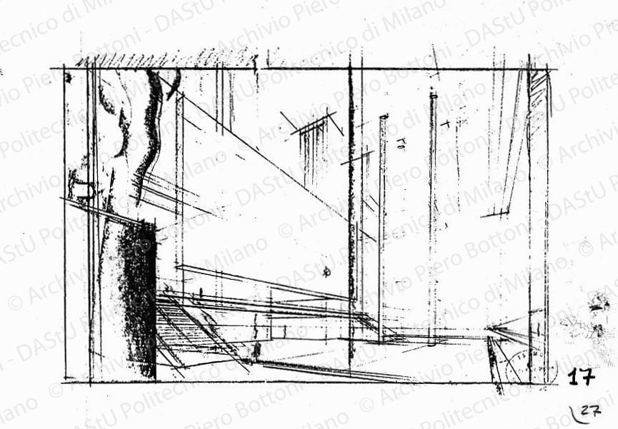 Studio di veduta prospettica, s.d. Matita e carboncino su lucido, cm 29,0x40,5. 