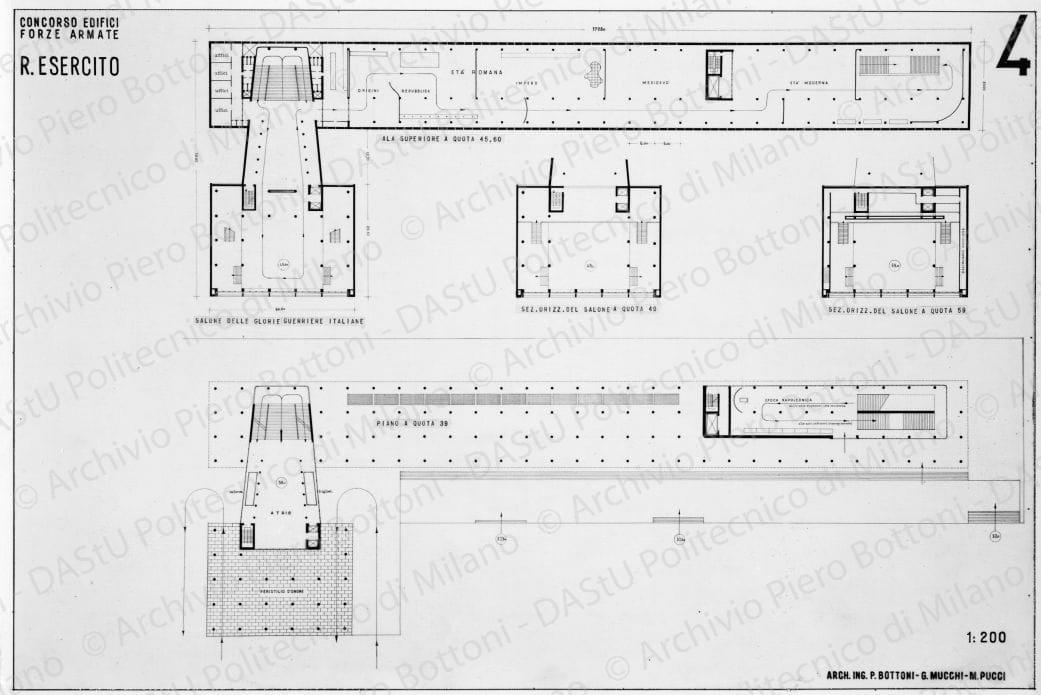 Riproduzione "TAV 4. Concorso edifici Forze Armate R. Esercito 1:200". Piante, positivo, bianco e nero, mm 150x223. 