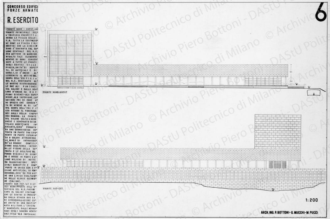 Riproduzione "TAV 6. Concorso edifici Forze Armate R. Esercito 1:200. Fronte nord-est e sud-ovest", positivo, bianco e nero, mm 151x224. 