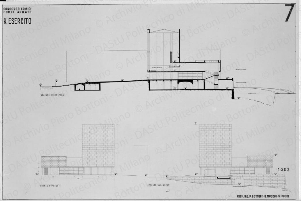 Riproduzione "TAV 7. Concorso edifici Forze Armate R. Esercito 1:200. Sezione principale, fronte nord-est e sud-ovest", positivo, bianco e nero, mm 149x221. 