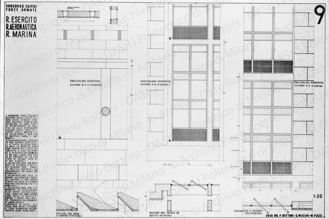 Riproduzione "TAV 9. Concorso edifici Forze Armate. R. Esercito, R. Aeronautica, R. Marina. Particolari", positivo, bianco e nero, mm 150x222. 