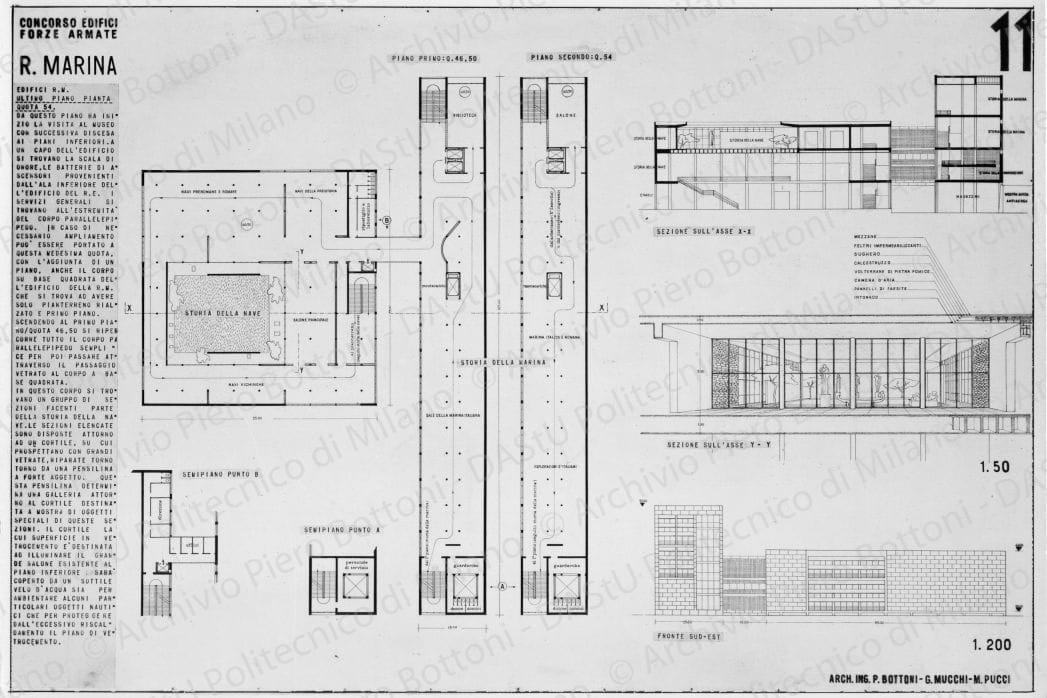 Riproduzione "TAV 11. Concorso edifici Forze Armate. R. Marina. Piante e fronte", positivo, bianco e nero, mm 151x222. 