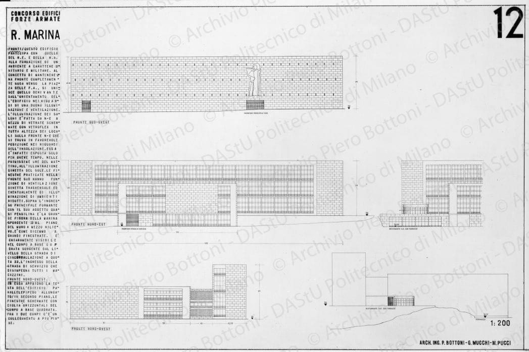Riproduzione "TAV 12. Concorso edifici Forze Armate. R. Marina. Fronte sud-ovest, nord-est, nord-ovest", positivo, bianco e nero, mm 150x223. 