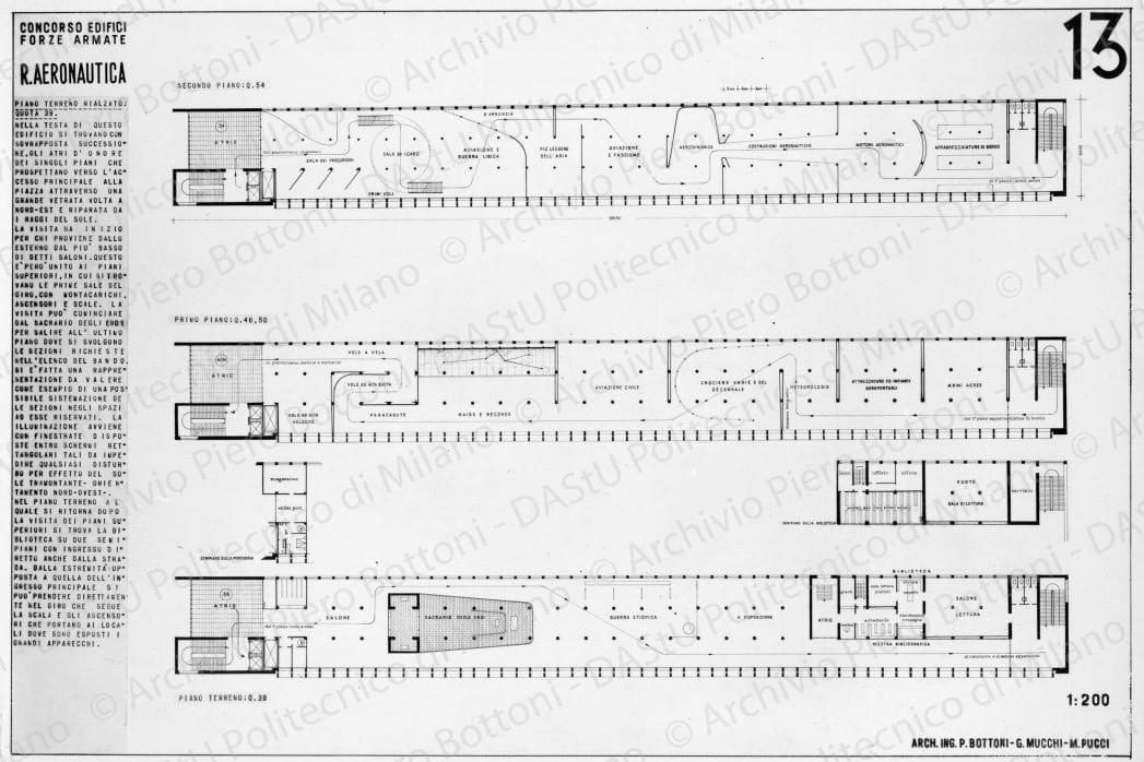 Riproduzione "TAV 13. Concorso edifici Forze Armate. R. Aeronautica. Piante", positivo, bianco e nero, mm 150x222. 