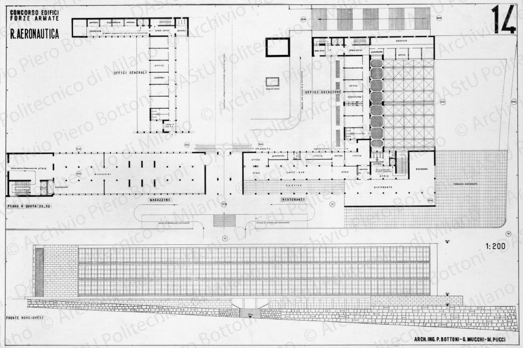 Riproduzione "TAV 14. Concorso edifici Forze Armate. R. Aeronautica. Piante" e fronte nord-ovest, positivo, bianco e nero, mm 150x223. 