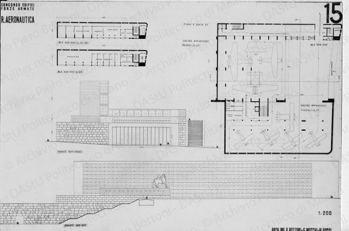 Riproduzione "TAV 15. Concorso edifici Forze Armate. R. Aeronautica. Piante, fronte sud-ovest e sud-est", positivo, bianco e nero, mm 144x215. 