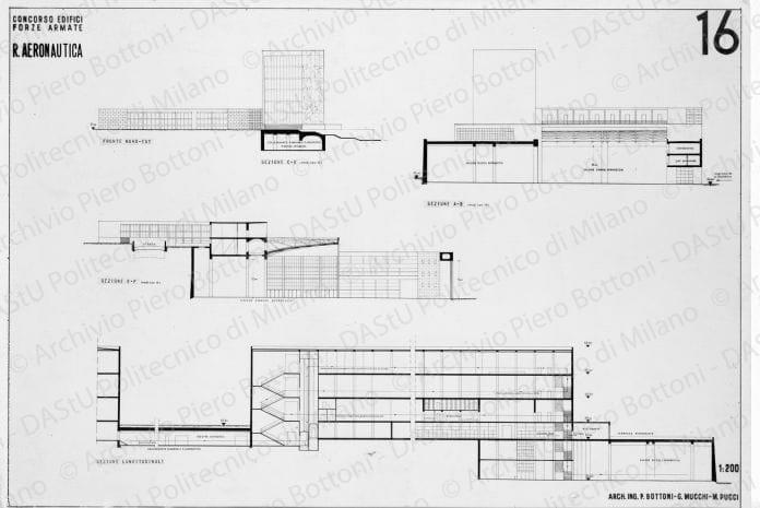 Riproduzione "TAV 16. Concorso edifici Forze Armate. R. Aeronautica. Fronte nord-est e sezioni", positivo, bianco e nero, mm 150x222. 
