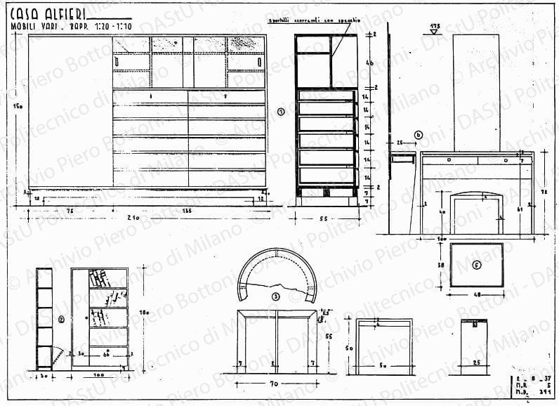 Casa Alfieri, dis. 391, mobili vari, scala 1:10, 1:20, prot. 5, 2 agosto 1937. China e matita su lucido, cm 36,5x50,4.