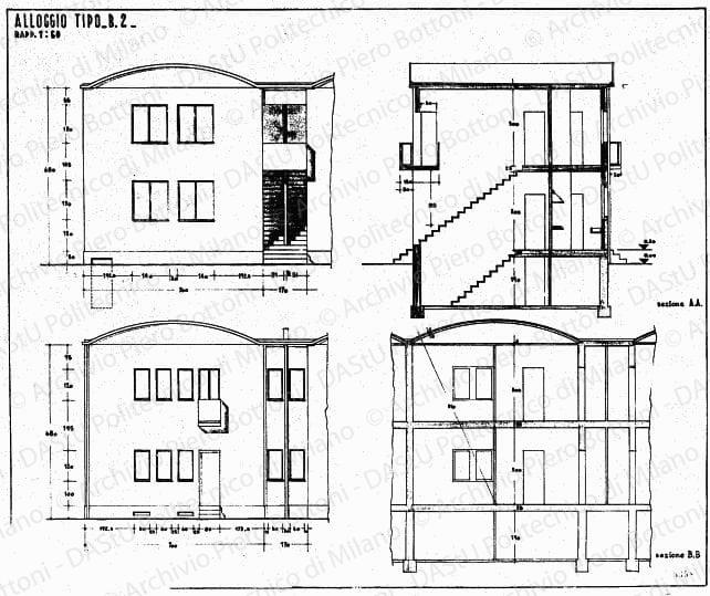 Alloggio tipo B2, sezioni e prospetti, scala 1:50, prot. 3358, s.d. China e matita su lucido, cm 47,5x57,5.